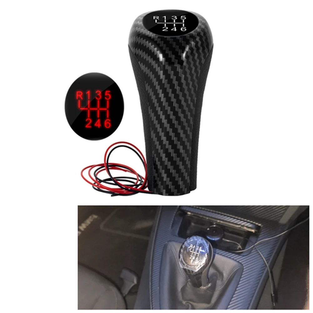 Carbon Fiber 5 stupňovou manuálnou Radenie Gombík W/LED Červené Podsvietenie Kožená radiaca páka Páka pre E46 E90 E91 E92 X1 X3 X5