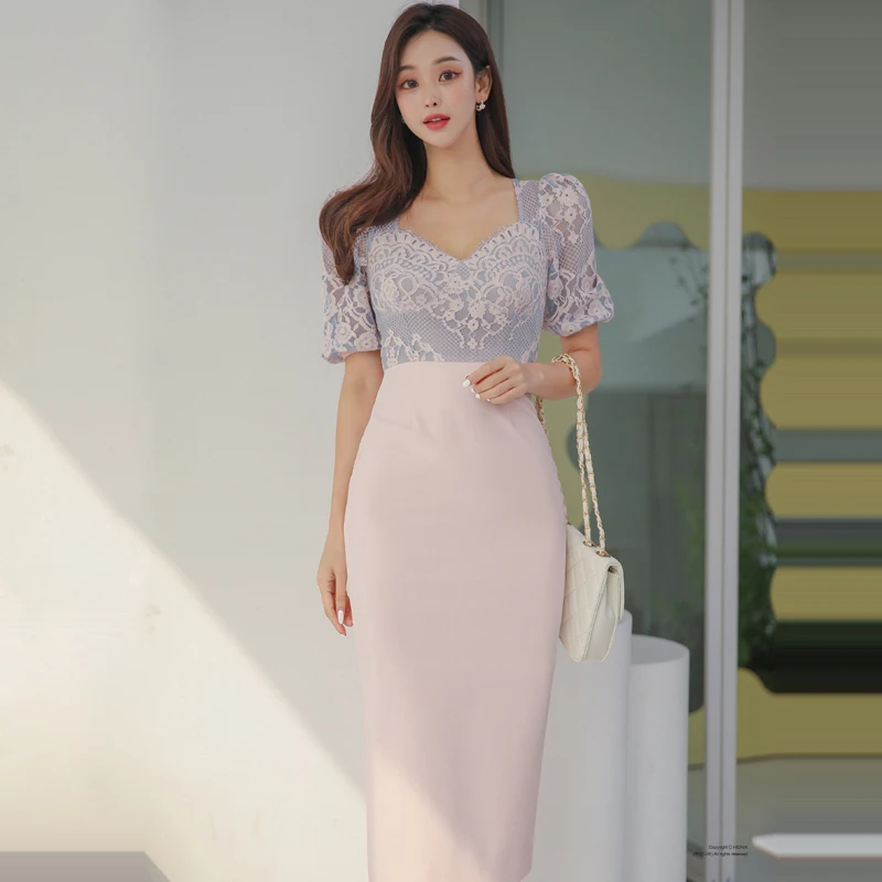 Hot Predaj Elegantná Móda Čipky Ceruzka Jednoduchý Rad Šaty Žien Kórejský Polovice Úrad Bežné Vestidos