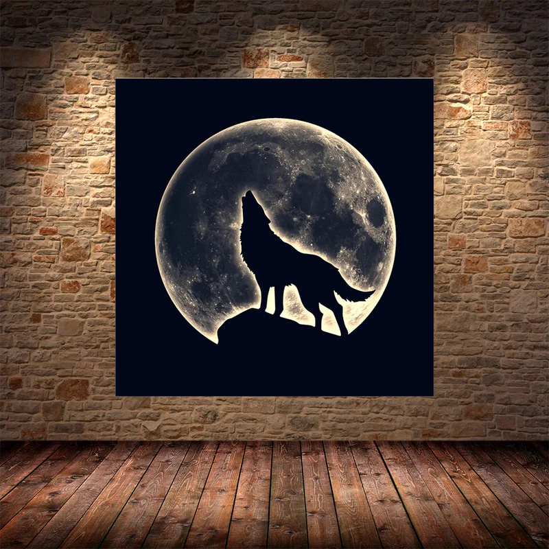Abstarct Black White Wolf Svietiace Mesiac voľne Žijúcich Zvierat Plátno na Maľovanie Plagáty Tlačiť Wall Art Obrázky pre Obývacia Izba Domova