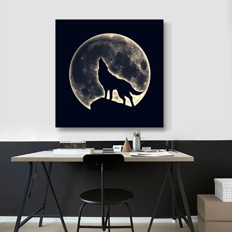 Abstarct Black White Wolf Svietiace Mesiac voľne Žijúcich Zvierat Plátno na Maľovanie Plagáty Tlačiť Wall Art Obrázky pre Obývacia Izba Domova