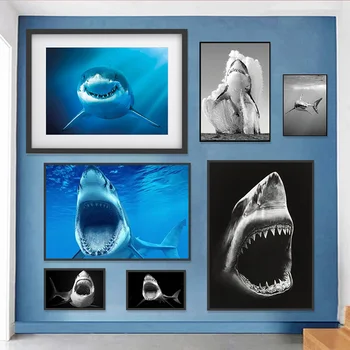 Žralok Plagát Moderné Mora Zvierat Wall Art Obraz na Plátne HD Tlače Čiernej a Bielej Tichom Shark Obývacia Izba Domáce Dekorácie Maľovanie