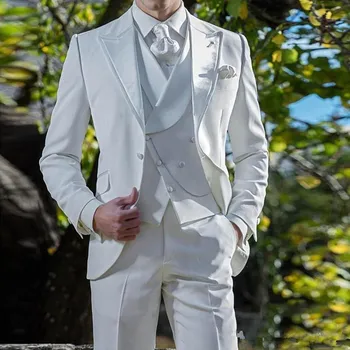 2021 Klasické Biele pánske taliansky Štýl Šaty Ženícha Svadbu, Ples Prispôsobené Obleku Terno Masculino（Bunda+Vesta+Nohavice)