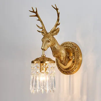 Francúzsky štýl jeleň hlavu pozadí steny spálne nástenné svietidlo luxusné nočné all-meď crystal nástenné svietidlo
