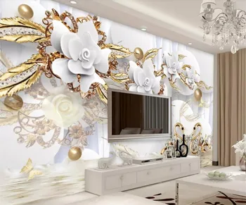 CCustom nástenná maľba 3D Kruhu Luxusné Tapety Zlata Biely Kvet Loptu Šperky Pozadí Stene Obývacej Izby, Spálne, Dekoratívne Maľby