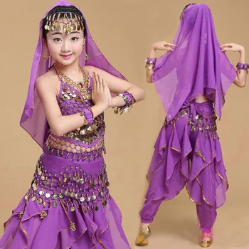 4pcs Nastaviť Dievča, Brušný Tanec Oblek pre Dievčatá Indickej Fáze Tanečné Šaty Dieťa Festival Stage Tanečné Kostýmy Pre Deti Brucho Oblečenie