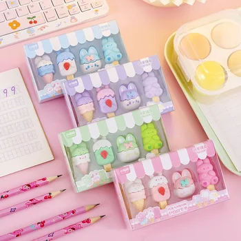 4Pcs/Set Roztomilý Kreslený Dievčenské Ceruzka Gumu Kawaii Králik Ice Cream Box Gumy Študent Darček Gumy pre Deti kórejský kancelárske potreby