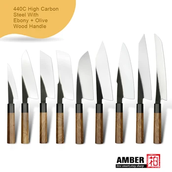 Amber 7 Palcový Santoku Nôž 440C z Nerezovej Ocele, Kuchynské Nože Nastaviť Profesionálny Kuchár Nože S Prírodného Olivového Dreva Rukoväť