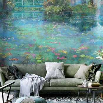 Vlastné Nordic pastoračnej tapety Monet lekna krajiny nástenná maľba obývacej izby, spálne dekorácie, tapety pozadia domova