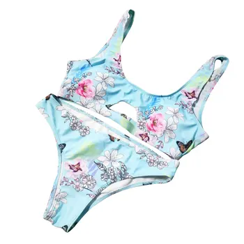 Ženy dvojdielne Plavky Nastaviť, Svetlo Modrá Kvetinový Tlačený Vzor Bikini Topy a Nohavičky, S/ M/ L