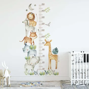 Akvarel Afrike Zvieratá Žirafa, Slon Tropické Listy Výšky Rastu Graf Stenu, Samolepky na Stenu Ruller Škôlky Stenu PVC