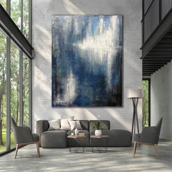 Abstrakt Sivá Modrá Olejomaľba Na Plátne, Ručne Maľované Moderný Škandinávsky Wall Art Obraz Obývacia Izba Domova Ako Darček