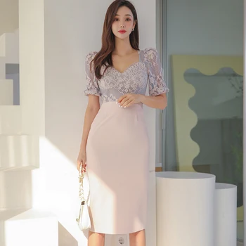 Hot Predaj Elegantná Móda Čipky Ceruzka Jednoduchý Rad Šaty Žien Kórejský Polovice Úrad Bežné Vestidos