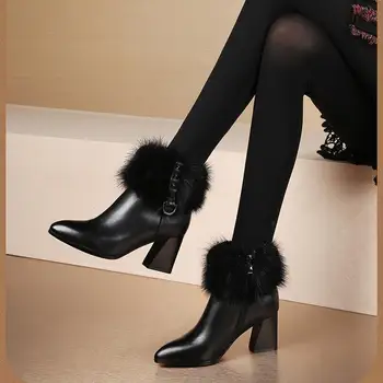 Ženy módne kožené topánky na vysokom opätku 2022 Winter Mid-podpätku, Členkové Topánky dámy kožušiny teplé topánky