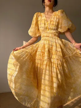 Vintage Yellow Tlač Šaty Pre Ženy V Krku Krátky Rukáv Vysoký Pás Záhyby Elegantné Dlhé Šaty Žena Letné Módne Oblečenie 2023