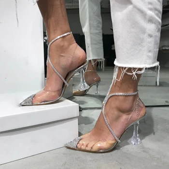 Ženy Sandále Ukázal Prst Krištáľovo Priehľadné Žena Čerpadlá Tenké Vysokým Podpätkom Slip-On Solid Sexy Dámske Letné Topánky Móda Nové