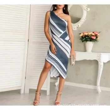 Letné nové módne dámske asymetrické strany pruhované šaty jedno rameno nepravidelný plášť šaty