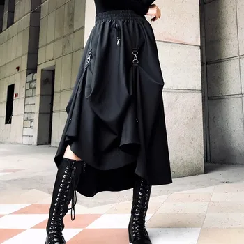 Vintage Gotická Čierna Nepravidelný Dlhé Sukne Ženy Lete Harajuku Punk Voľne Nastaviteľné Riadok Cargo Skladaný Sukne Faldas Jupe