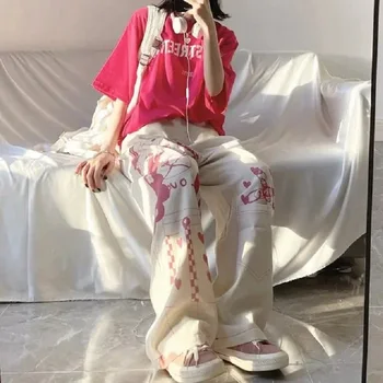Ženy bielizeň Japonské anime Tisícročnej dievča, ružová graffiti širokú nohu nohavice nohavice tlač vzor voľné rovnou nôh oblečenie bavlna