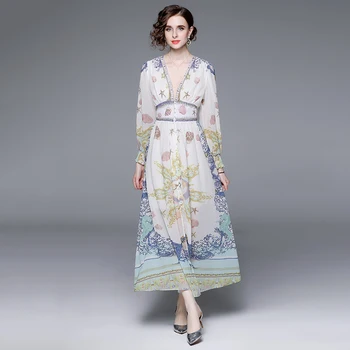 Dovolenka Elegantné Dlhé Šaty pre Ženy Jar Leto Dlhý Rukáv Pás Slim-fit Tlač Šaty 2023 Bežné tvaru Vestidos