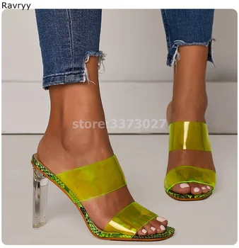 Žltá Zelená Snakeskin Žena sandále na vysokom opätku PVC letné módy Listov sexy čerpadlá námestie päty ženské party show jednej topánky