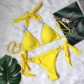 Žltá Sexy Bikiny 2023 Ženy Jednofarebné Plavky Ženské Plavky Kúpanie Plážové Oblečenie Plavky Brazílske Bikini Set Bazén Bather