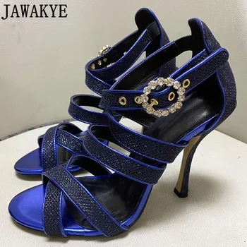 Obväz Šaty Letné Sandále Ženy Vysokým Podpätkom Gladiator Topánky Royal Blue Gold Strany Svadobné Topánky Plus Veľkosť Strappy Sandále