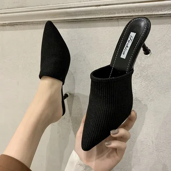 stiletto pletenie vysoké podpätky ženy ukázal prst strečové tkaniny papuče farbou slingback lete listov topánky žena tkaných