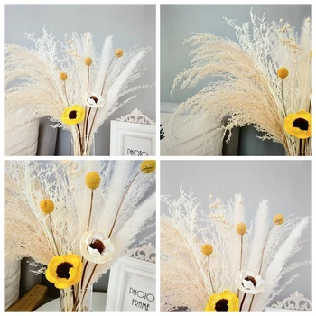 Bohémsky štýl biela séria krb dekoratívne suché kvetinové kytice malé reed, zlatá guľa suchý kvet miesto konania svadby