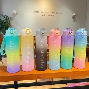 Nový 1000 ml Fľaša na Vodu 32oz Matné Rainbow Gradient Plastová Športová Fľaša na Pitie Vonkajšie Gym Fitness Pohár Vody s Časovom meradle