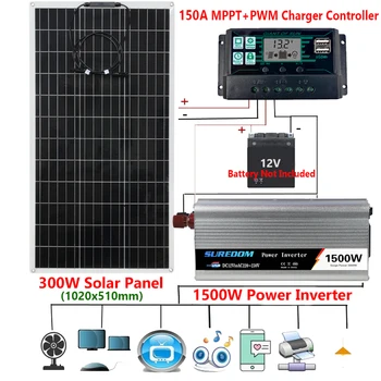 1500W Solárny Systém 220V/110V Auto Invertor 300W Solárny Panel, Batéria, Nabíjačka Kompletný Regulátor Domov Outdoor Camping Dodávky