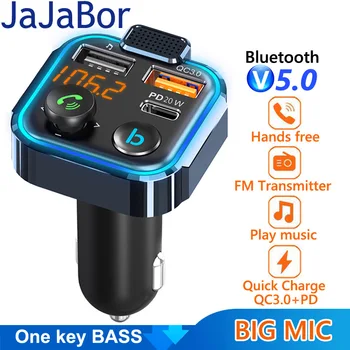 JaJaBor Auto FM Jedného Tlačidla Bass Typ C PD 20W QC3.0 Rýchle Nabíjanie Duálny USB Nabíjačka, Handsfree Bluetooth 5.0 do Auta