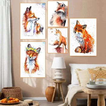 Abstrakt Akvarel Fox Cartoon Plátno na Maľovanie Moderné Zvieracie vzory a Plagát na Stenu Umenie Obrázok pre Obývacia Izba Domova